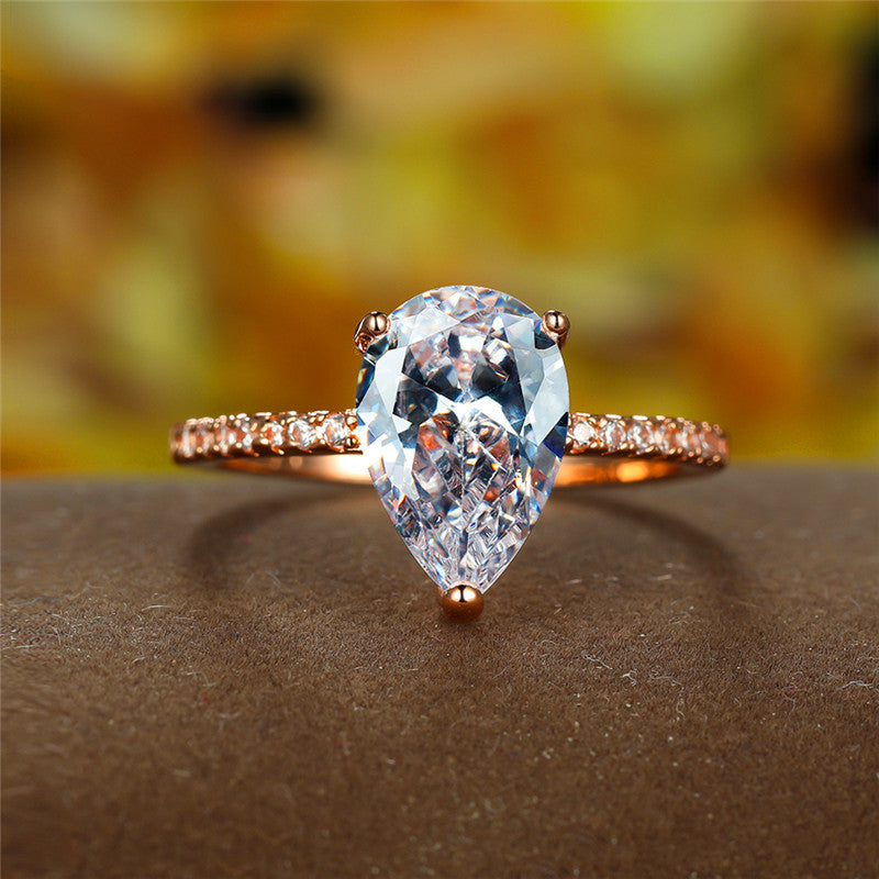 Elegant 18K Gold Plated Copper Finger Ring with Inlaid Water Drop Cut Zircon