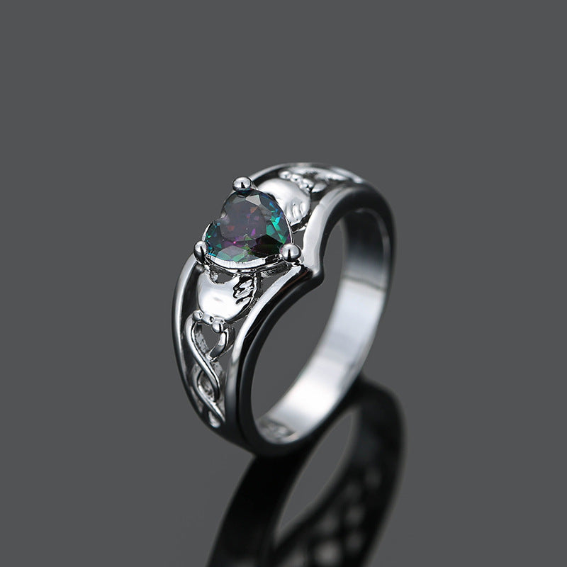 Two Hands Hollow Ring Inlaid Love Heart Zircon Elegant Copper Finger Ring