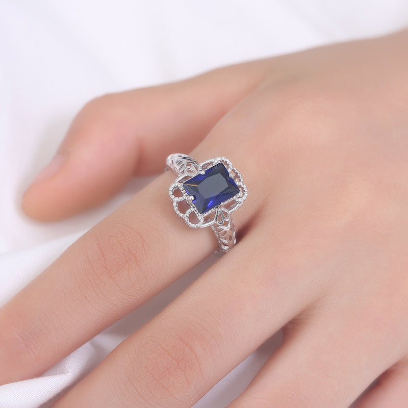 Carved Hollow Square Zircon Ring Women's Silver Plated Copper Finger Ring