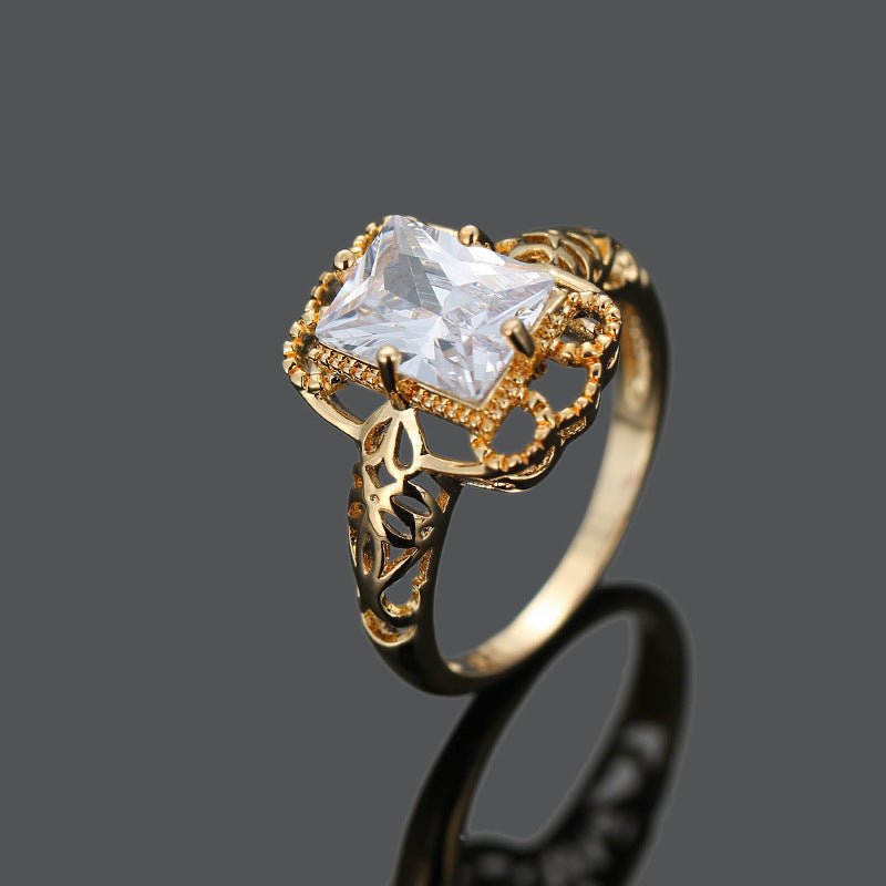Carved Hollow Square Zircon Ring Women's Silver Plated Copper Finger Ring