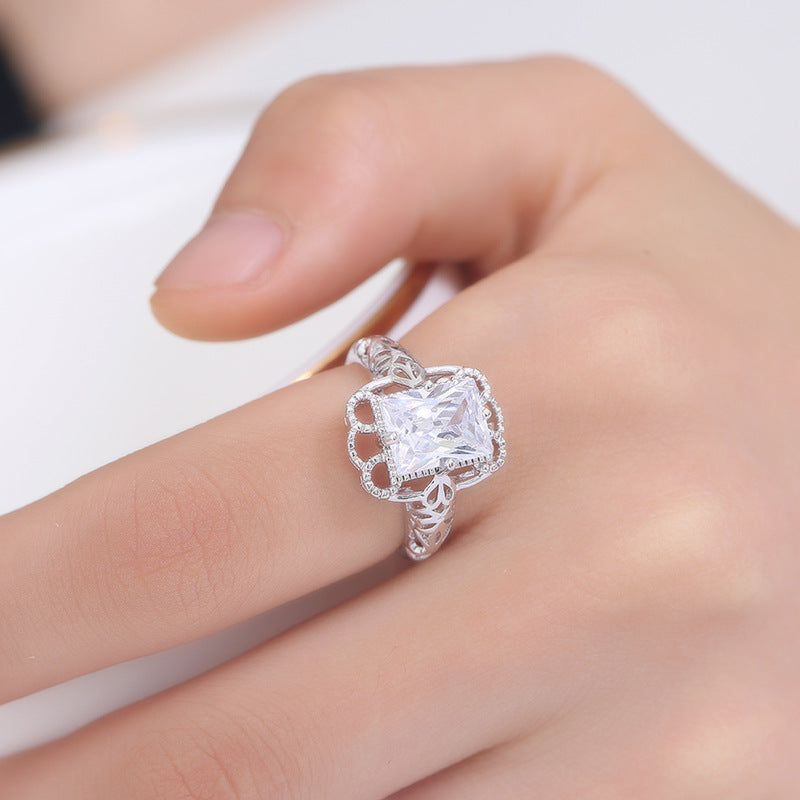 Carved Hollow Square Zircon Ring Women's Silver Plated Copper Finger Ring