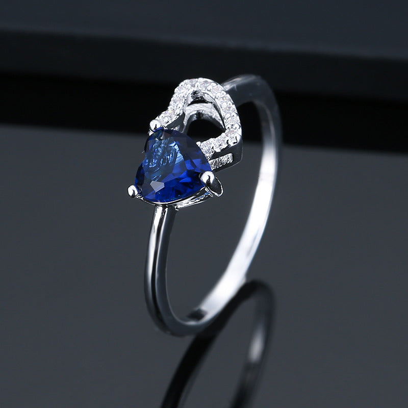 Inlaid Blue Love Heart Zircon Finger Ring Silver Plated Copper Finger Jewelry Decor