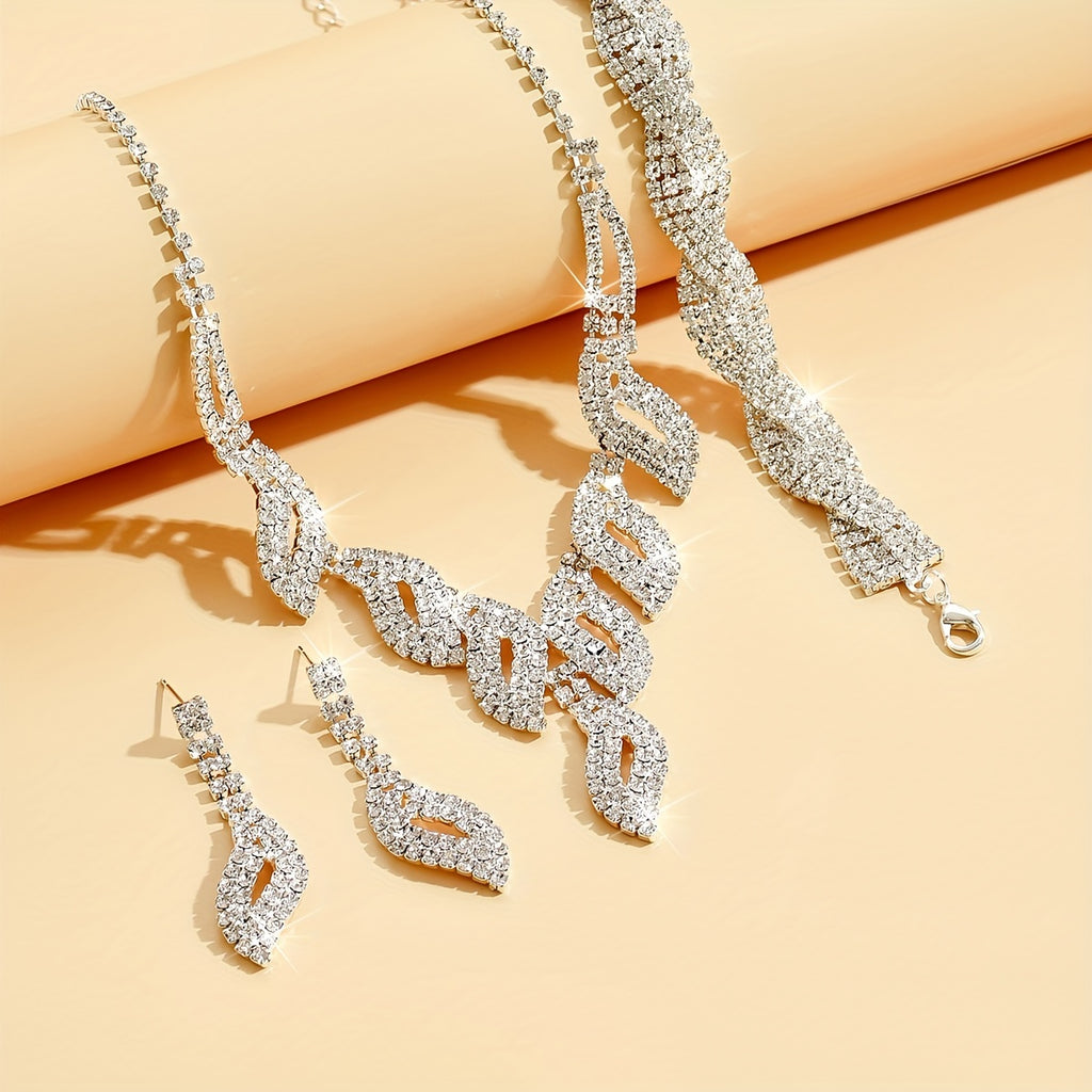 4pcs Necklace Earrings Plus Bracelet Elegant Jewelry Set Silver Plated Inlaid Rhinestone Dainty Evening Party Decor Perfect Chrismas Gift For Your Love