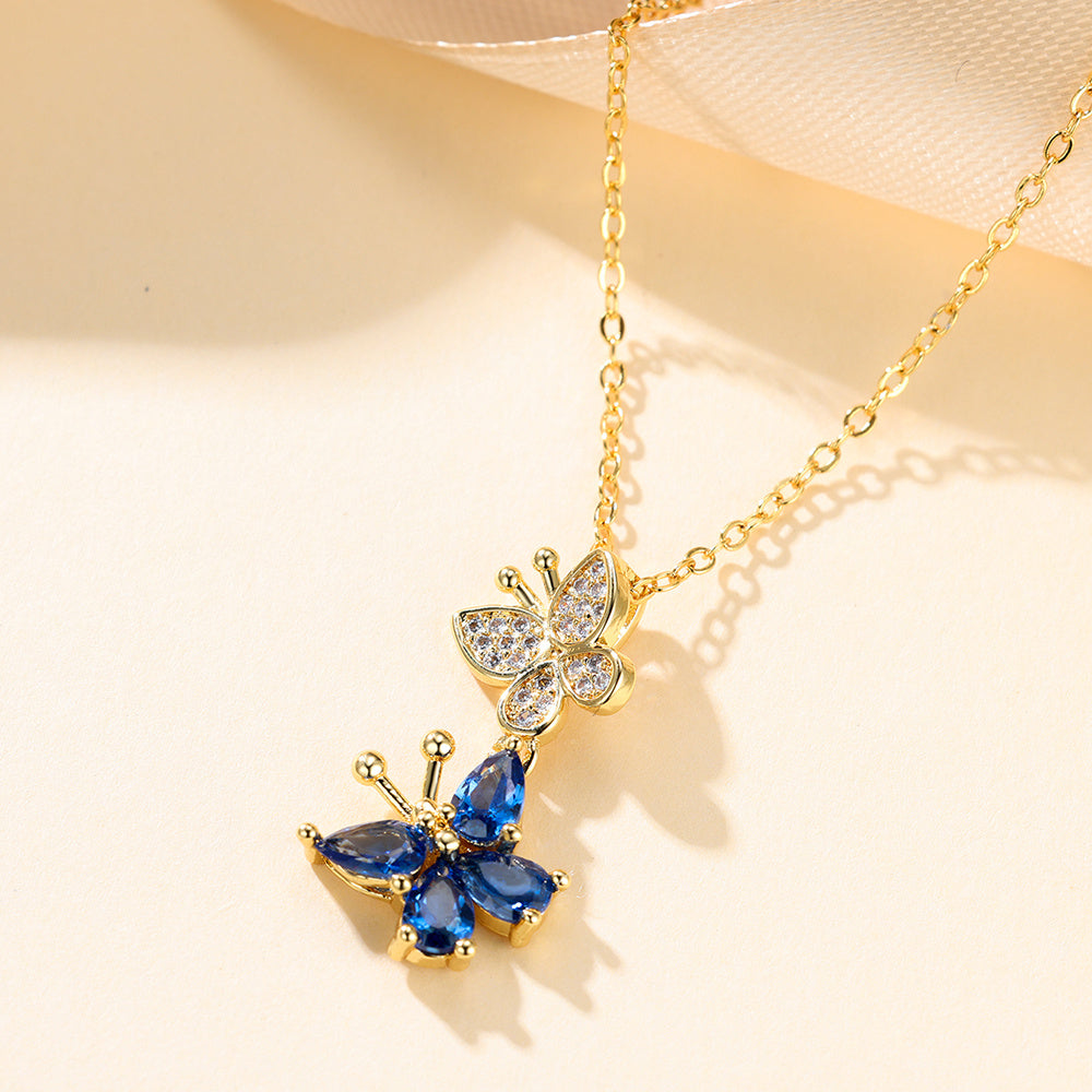 Cute Double Golden Blue Butterfly Pendant Necklace For Women Girls Full Zircon Stone Charm Animal Butterflies Jewelry