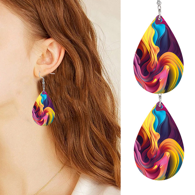 Colorful Streamer Print Teardrop Dangle Earrings Bohemian Style PU Leather Jewelry Exquisite Gift For Women Girls