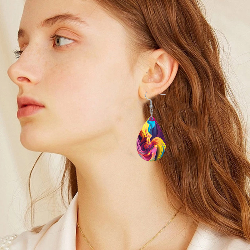 Colorful Streamer Print Teardrop Dangle Earrings Bohemian Style PU Leather Jewelry Exquisite Gift For Women Girls