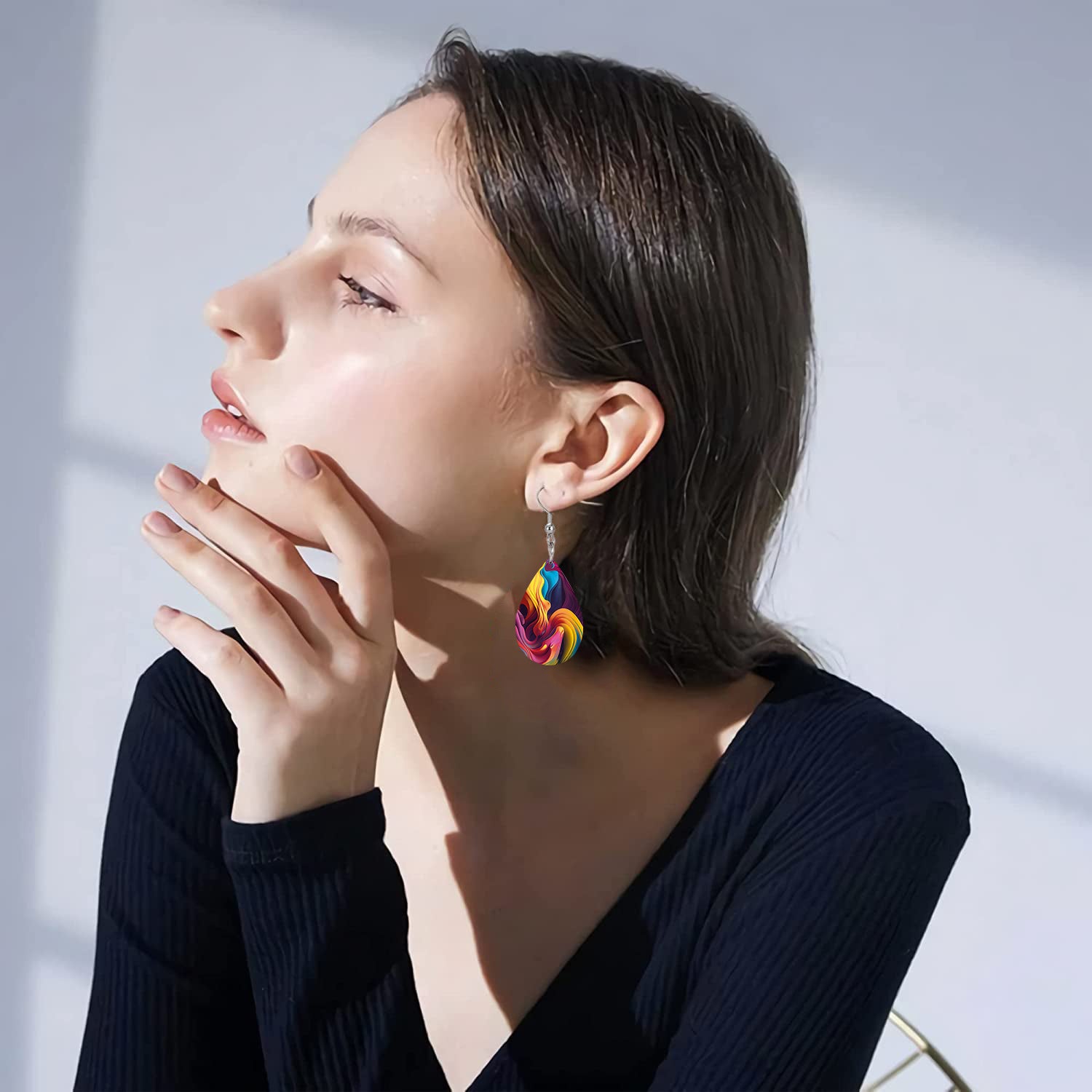Colorful Streamer Print Teardrop Dangle Earrings Bohemian Style PU Leather Jewelry Exquisite Gift For Women Girls
