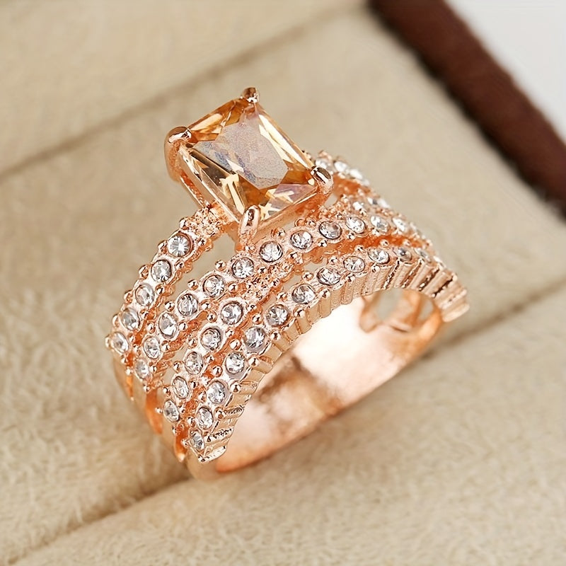 Fashion Wide Ring Inlaid Square Zircon Champagne Color Perfect Evening Party Cocktail Party Decor Match Daily Outfits Dainty Birthday Gift For Her