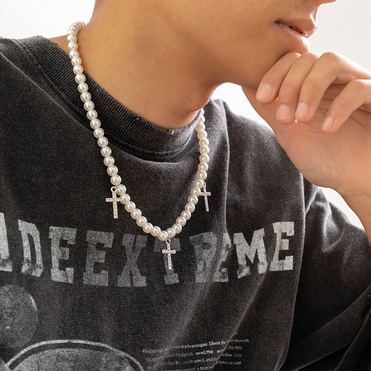 1pc Vintage Temperament Diamond Cross Pendant Beaded Pearl Necklace
