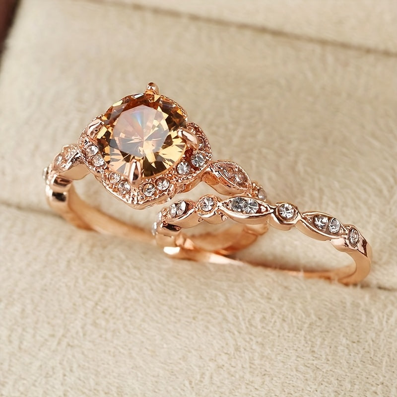 2pcs Rose Golden Ring Set Square Cut Zircon Fine Carving Craft Sexy And Mysterious Jewelry For Female Promise Ring