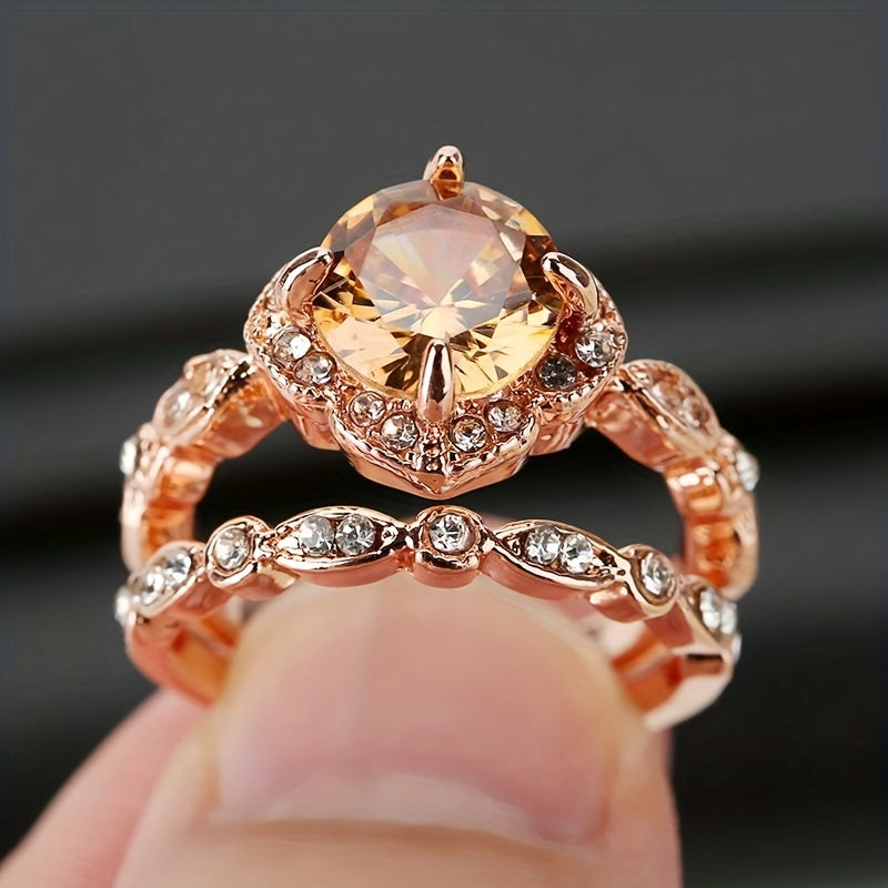 2pcs Rose Golden Ring Set Square Cut Zircon Fine Carving Craft Sexy And Mysterious Jewelry For Female Promise Ring