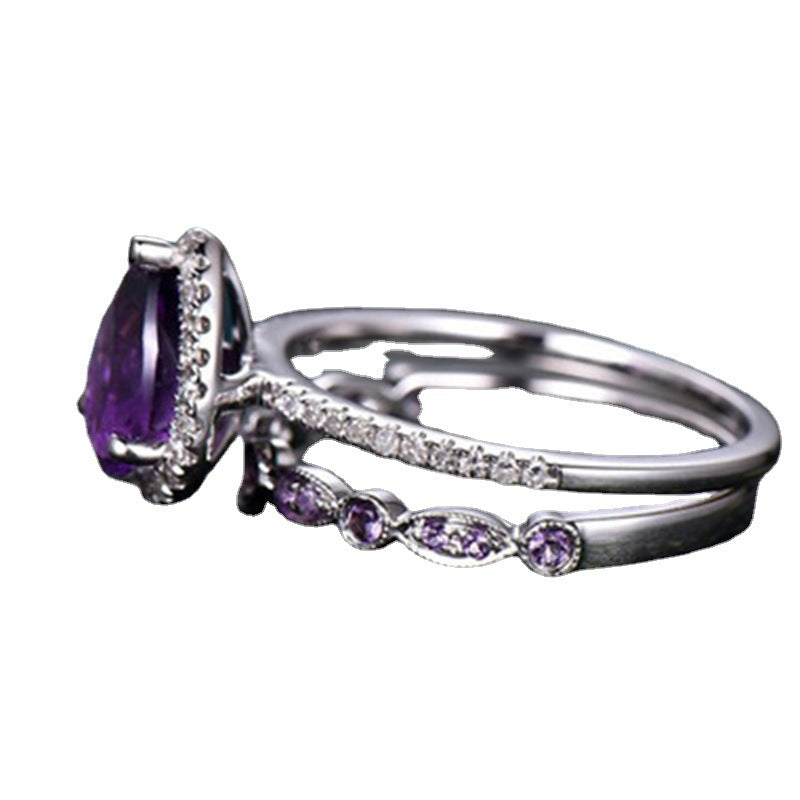 2pcs Elegant Purple Ring Set Inlaid Tear Drop Zircon Wedding Engagement Ring Symbol Of Beauty And Mystery Evening Party Decor