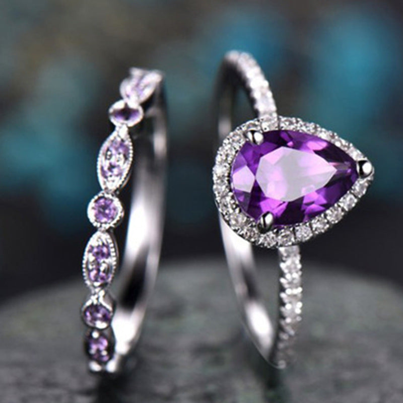 2pcs Elegant Purple Ring Set Inlaid Tear Drop Zircon Wedding Engagement Ring Symbol Of Beauty And Mystery Evening Party Decor