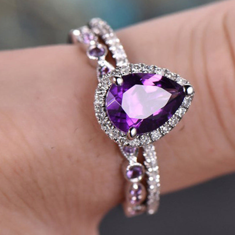 2pcs Elegant Purple Ring Set Inlaid Tear Drop Zircon Wedding Engagement Ring Symbol Of Beauty And Mystery Evening Party Decor