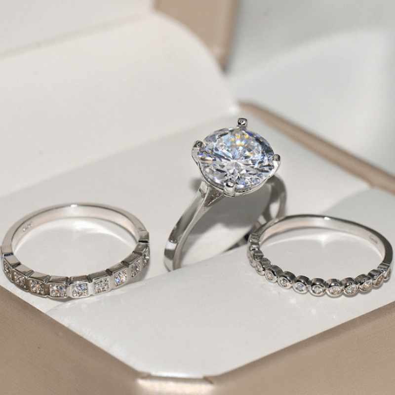 3pcs Elegant Stacking Rings Silver Plated Inlaid Shining Zircon Engagement Wedding Jewelry For Brides Evening Party Decor For Female