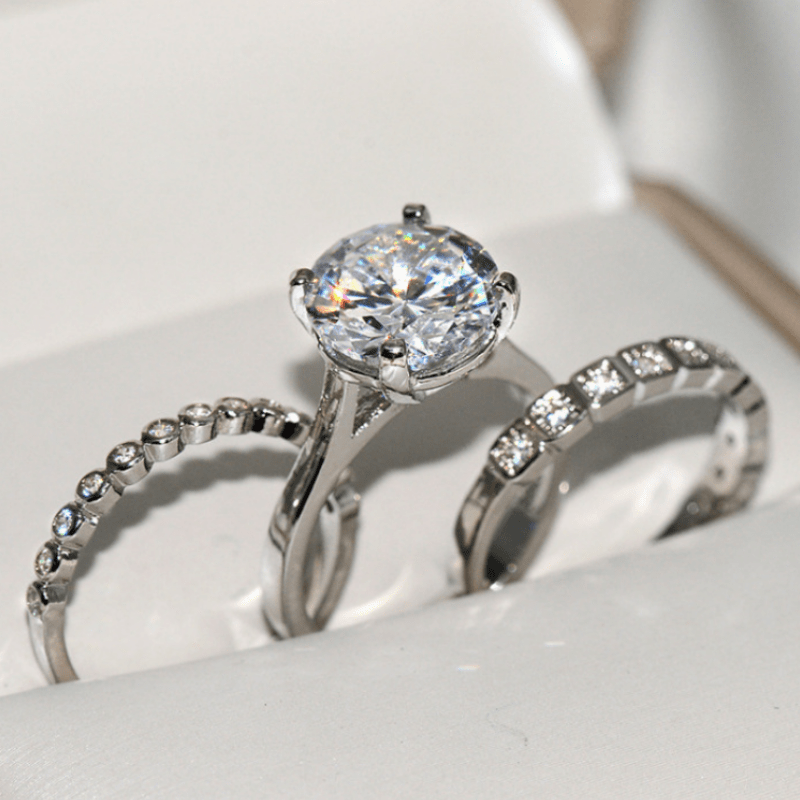 3pcs Elegant Stacking Rings Silver Plated Inlaid Shining Zircon Engagement Wedding Jewelry For Brides Evening Party Decor For Female