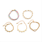 5pack Glitter Dimple Heart Decor Sunflower Flower Lime Pearl Beaded Bracelet Set