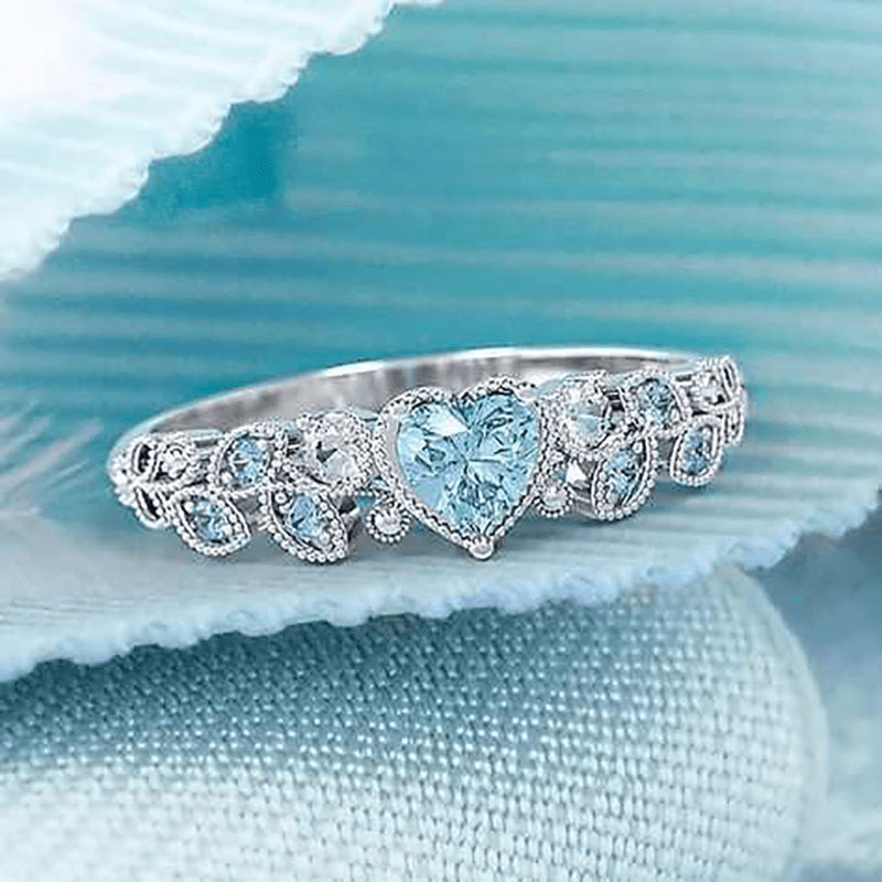 Elegant Ring Silver Plated Inlaid Heart Shape Blue Zircon Decorated With Shining Leaves Dainty Evening Party Decor Perfect Birthday Holliday Gift For Your Girl