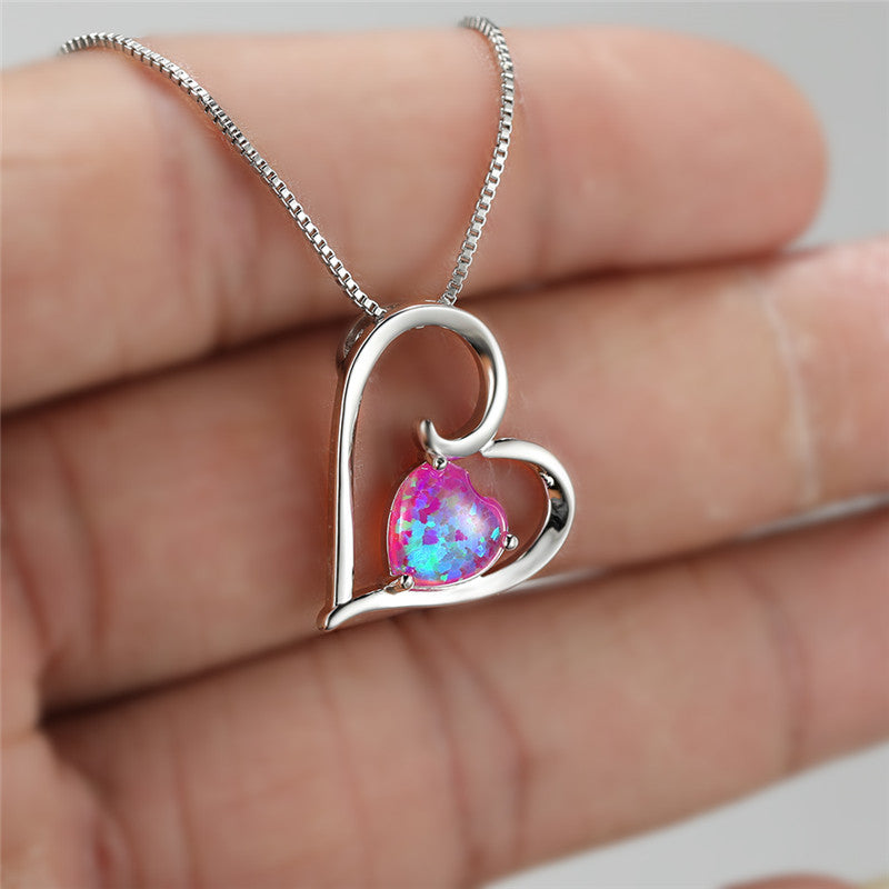 Gorgeous Vintage Love Heart Necklace - Multicolor Opal Jewelry Gift for Her