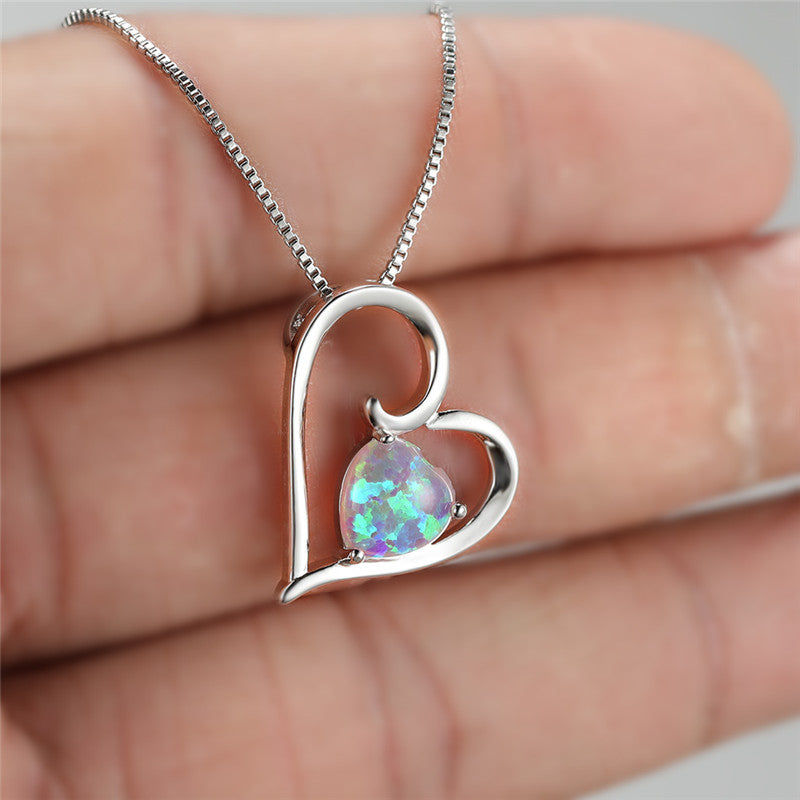 Gorgeous Vintage Love Heart Necklace - Multicolor Opal Jewelry Gift for Her