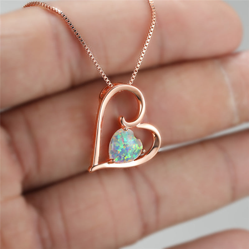 Gorgeous Vintage Love Heart Necklace - Multicolor Opal Jewelry Gift for Her