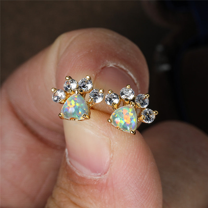 18K Gold Plated Cute Animal Paw Design Earrings with Shiny Zircon Opal Decor - Y2K Style Jewelry for Daily Casual Wear