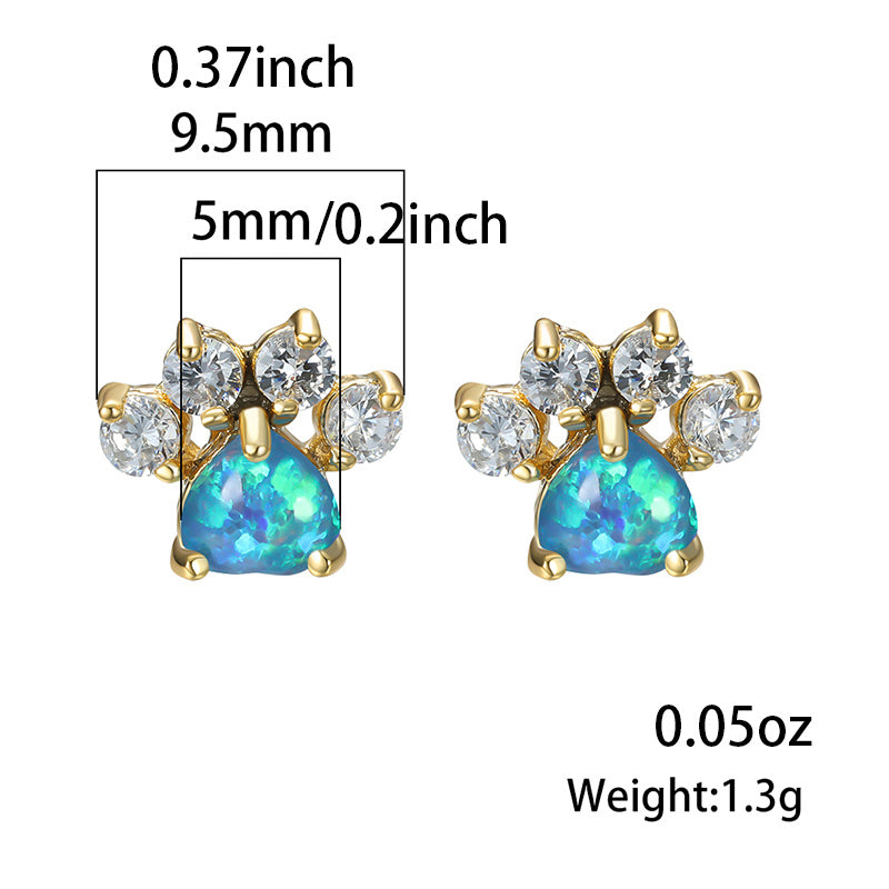 18K Gold Plated Cute Animal Paw Design Earrings with Shiny Zircon Opal Decor - Y2K Style Jewelry for Daily Casual Wear