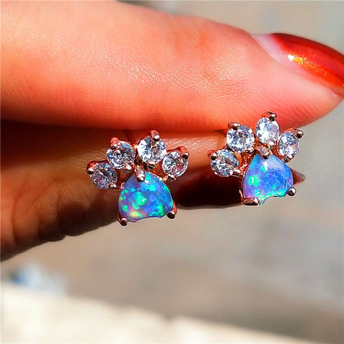 18K Gold Plated Cute Animal Paw Design Earrings with Shiny Zircon Opal Decor - Y2K Style Jewelry for Daily Casual Wear