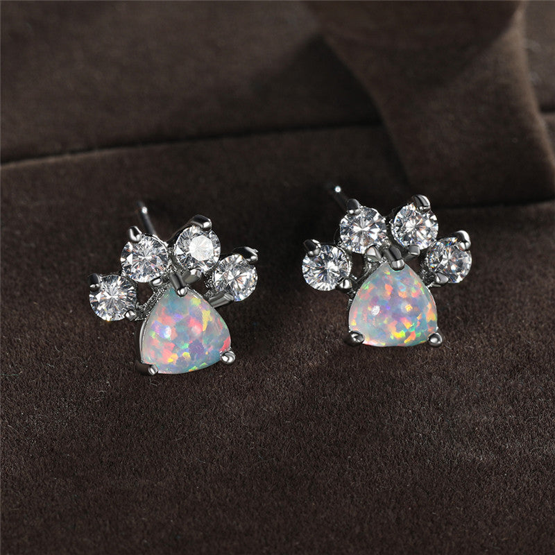 18K Gold Plated Cute Animal Paw Design Earrings with Shiny Zircon Opal Decor - Y2K Style Jewelry for Daily Casual Wear