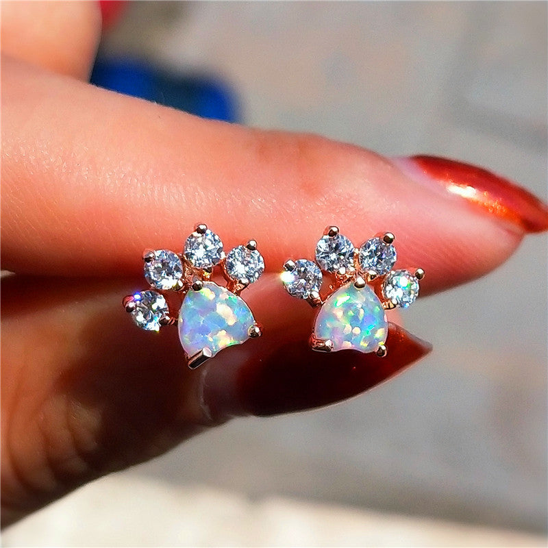 18K Gold Plated Cute Animal Paw Design Earrings with Shiny Zircon Opal Decor - Y2K Style Jewelry for Daily Casual Wear