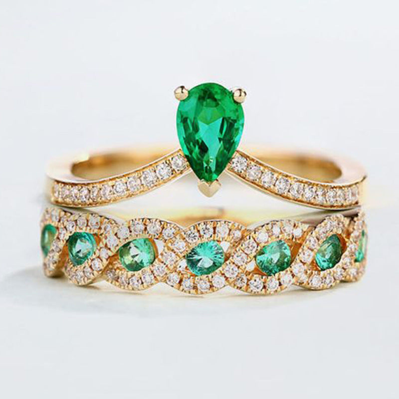 2pcs Elegant Emerald Rings 14k Gold Plated Boho Style Jewelry Official Party Decor Chrismas Gift For Female Noble Crown Shape Ring