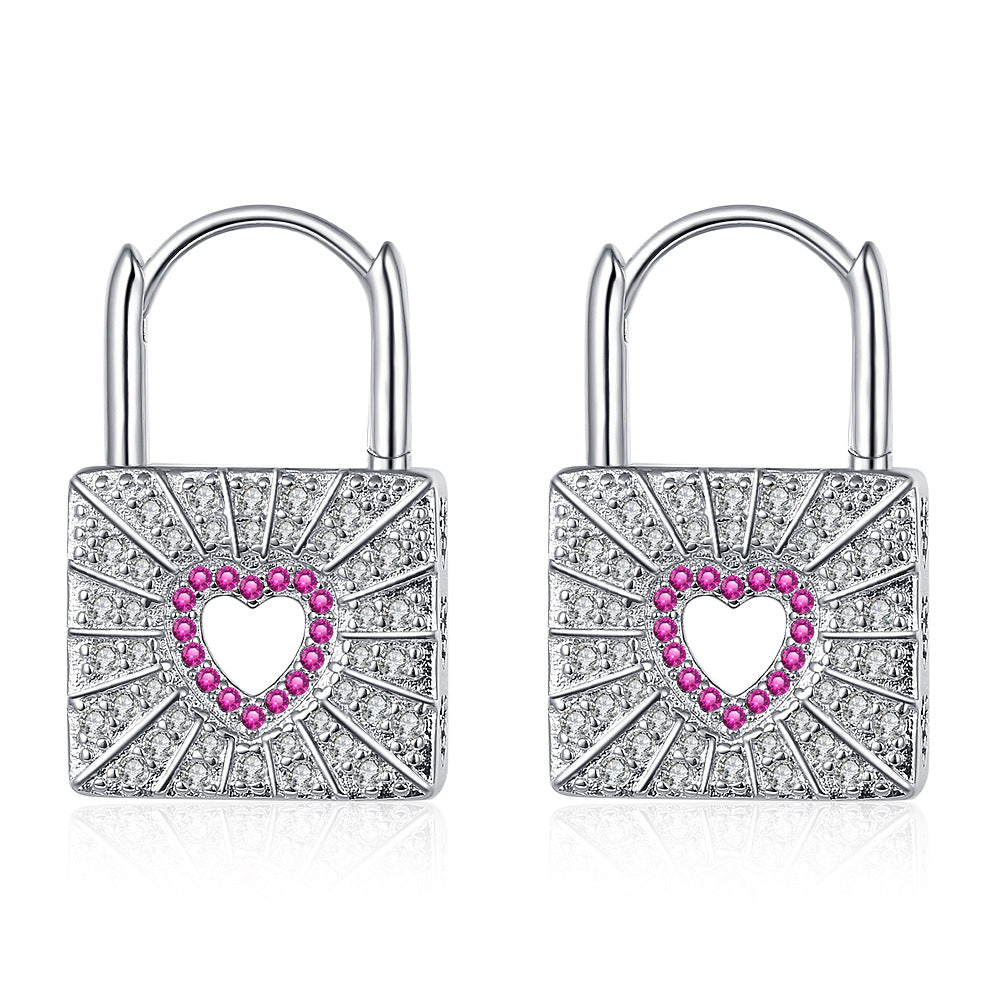 Exquisite Silvery Lock Design With Hollow Heart Pattern Shiny Zircon Decor Hoop Earrings Hip Hop Y2K Style Creative Accessories