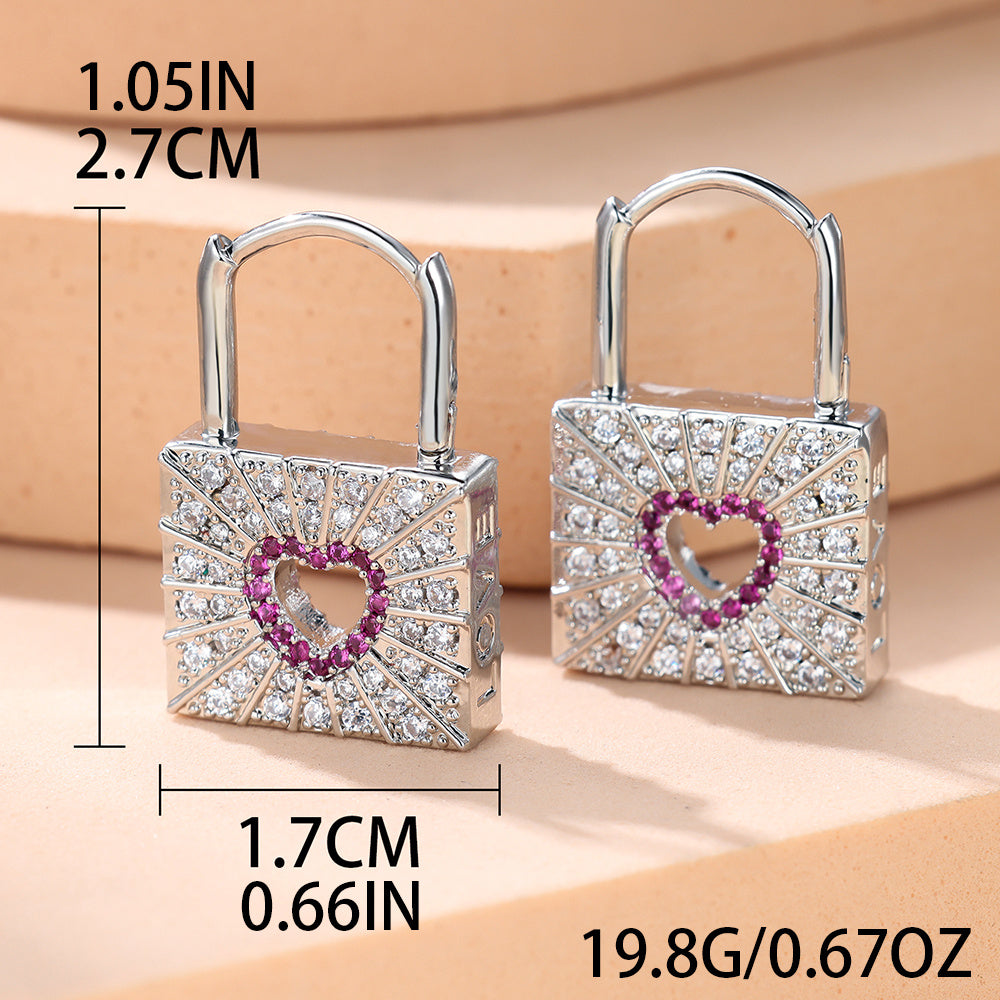 Exquisite Silvery Lock Design With Hollow Heart Pattern Shiny Zircon Decor Hoop Earrings Hip Hop Y2K Style Creative Accessories