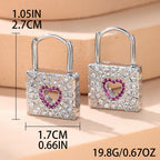 Exquisite Silvery Lock Design With Hollow Heart Pattern Shiny Zircon Decor Hoop Earrings Hip Hop Y2K Style Creative Accessories
