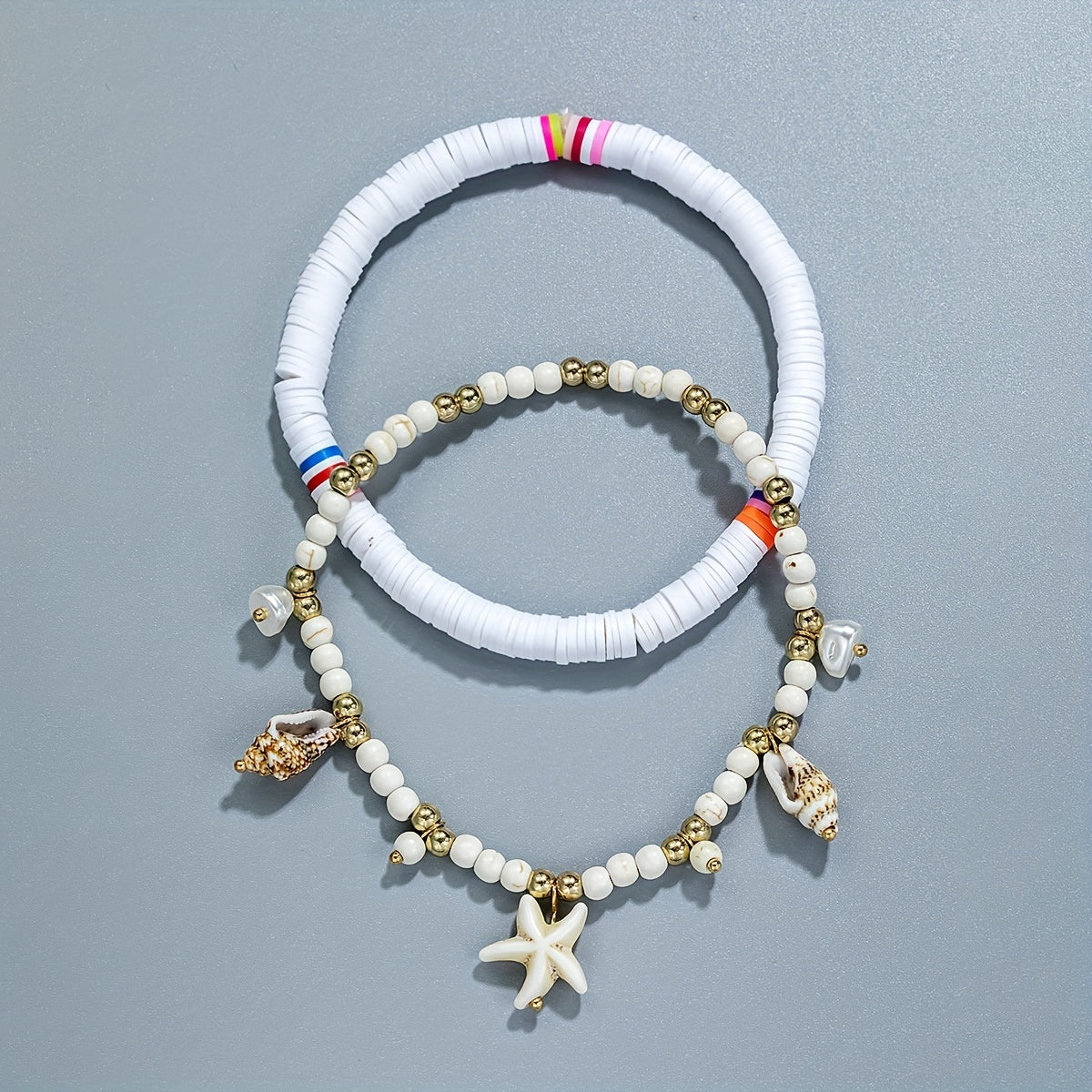 2pcs Boho Style White Beaded Anklet Set With Starfish Conch Shape Pendant Clays Beads Stackable Ankle Bracelet Ocean Style