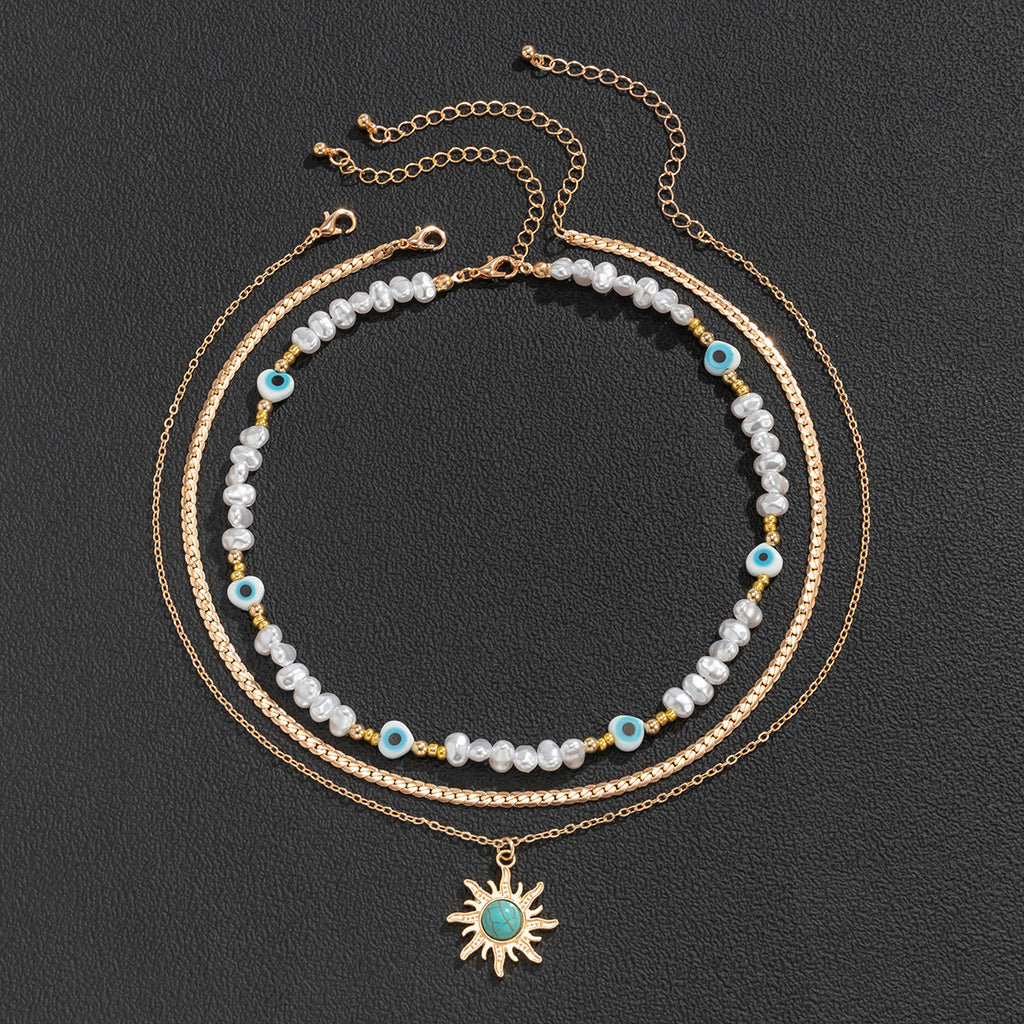 Gorgeous Vintage Baroque Pearl Sun Pendant Set - 3-Piece Necklace for Women