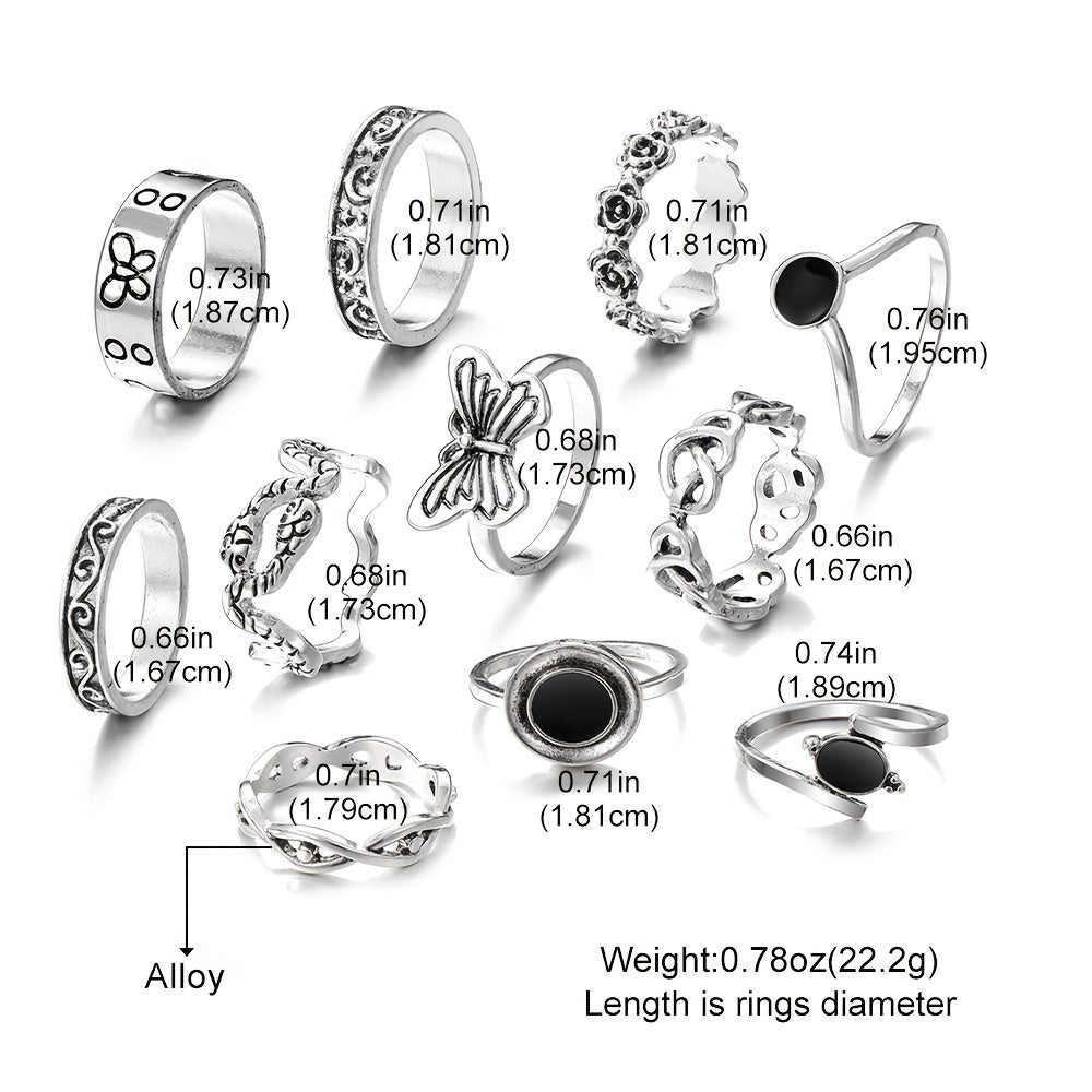 Complete Your Party Look with 11pcs Vintage Silver Snake Butterfly Flower Rings Set for Women and Girls