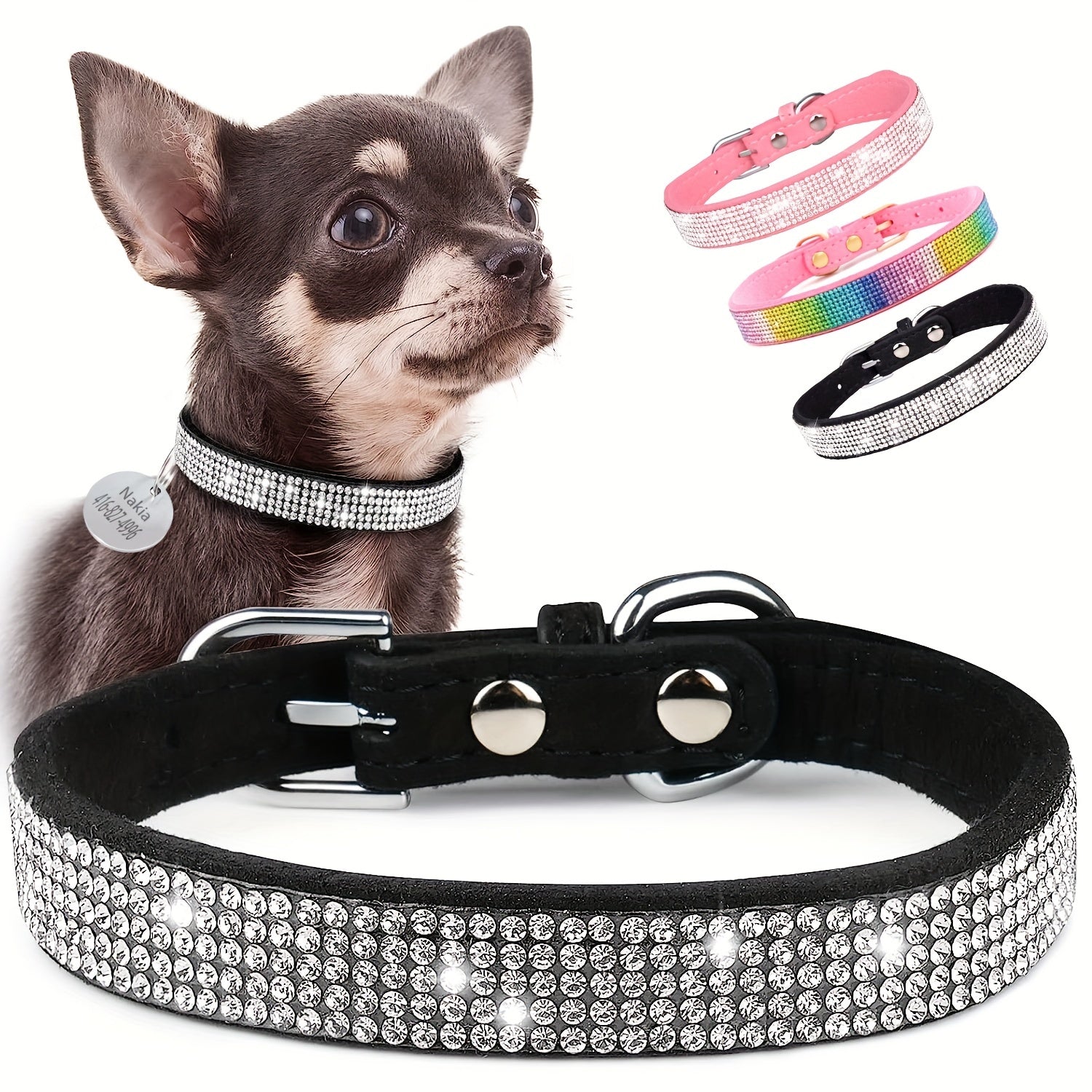 Custom Rhinestone Dog Collars, Soft Bling Dog Collars With ID Tag For Small Medium Large Dogs Cat