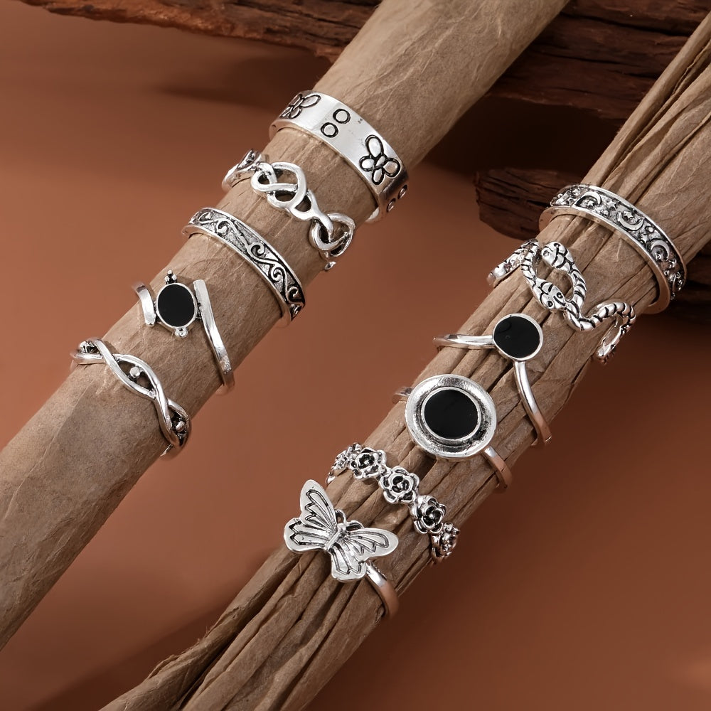 Complete Your Party Look with 11pcs Vintage Silver Snake Butterfly Flower Rings Set for Women and Girls