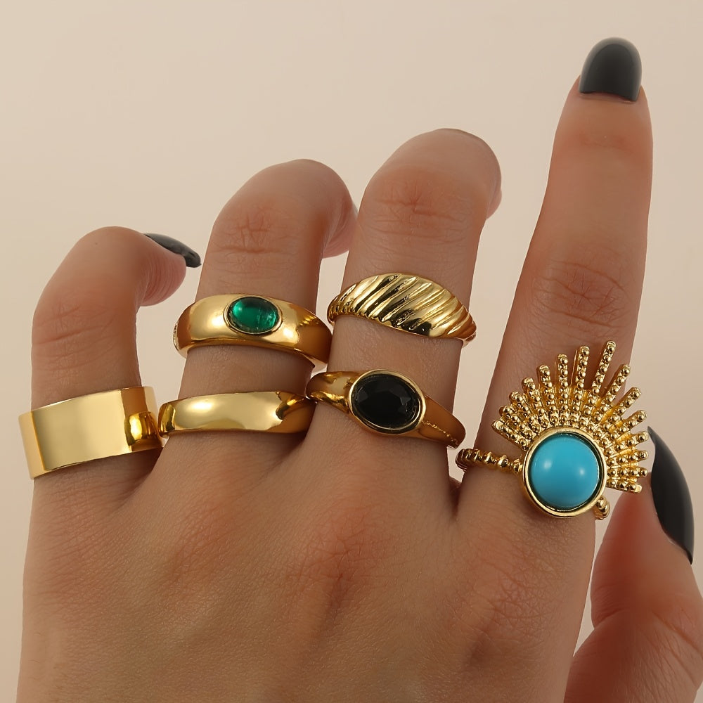Complete Your Boho Look with 6pcs Exquisite Turquoise and Gold Ring Set - Perfect Gift for Women and Girls