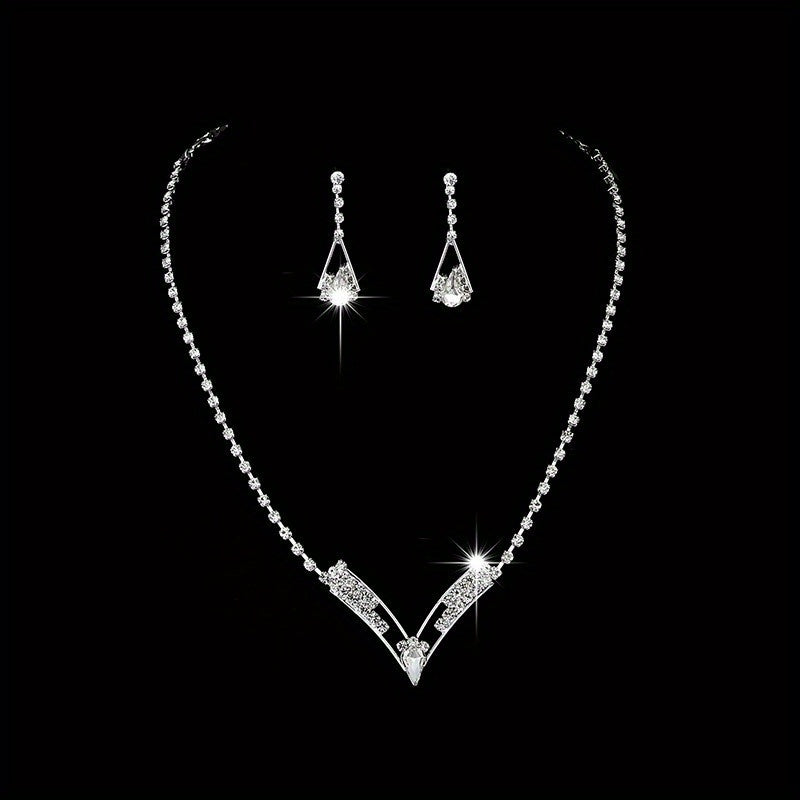3pcs Earrings Plus Necklace Boho Style Jewelry Set Silver Plated Inlaid Rhinestone Engagement Wedding Jewelry For Brides Evening Party Decor