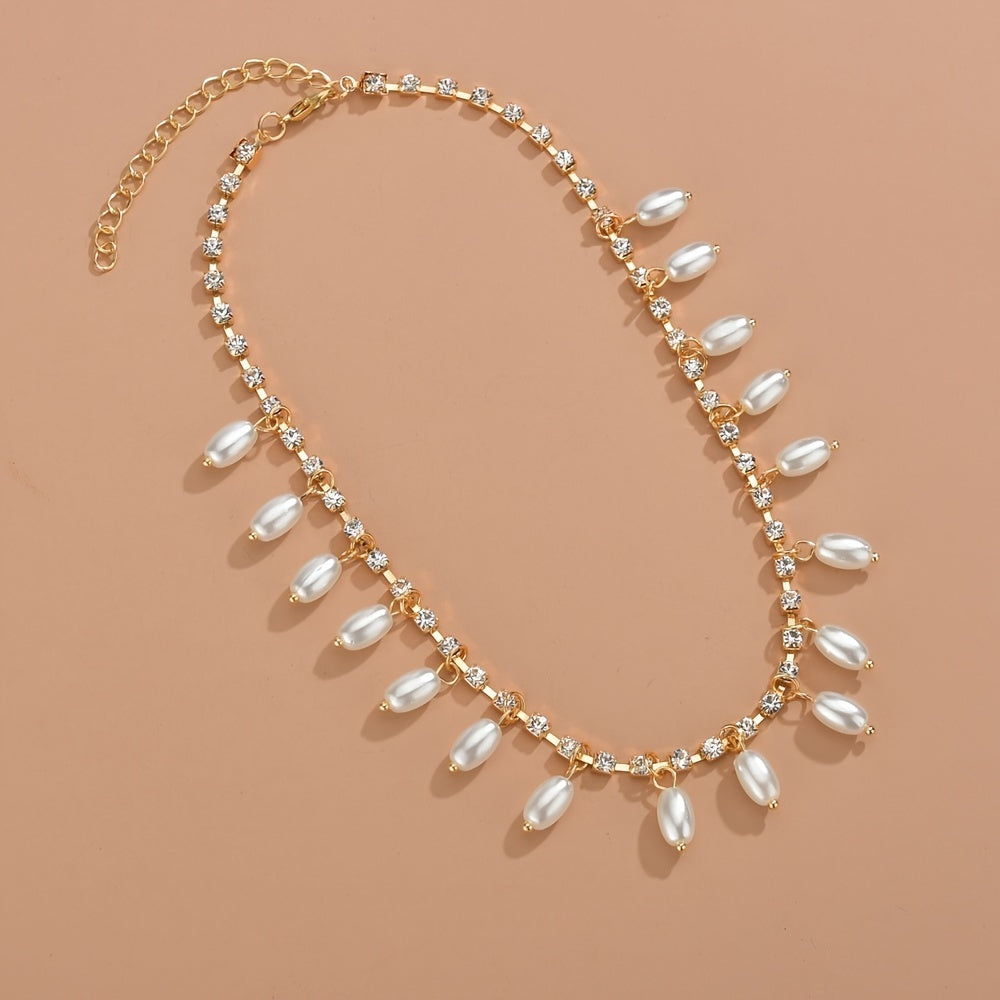 Women's Elegant Faux Pearl Pendant Rhinestone Claw Chain Necklace For Girls
