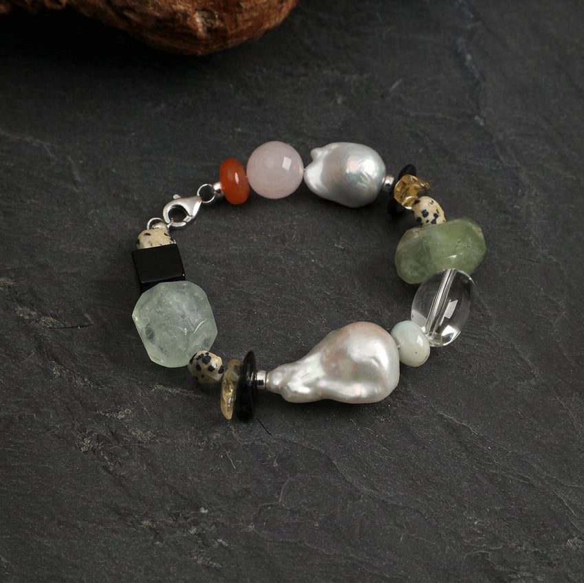 Prehnite & Baroque Pearl /Forest Healing & Grounding/ "Wild Woodland" Bracelet