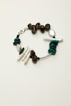 Malachite, Smoky Quartz & Baroque Pearl /Protection & Transformation/ "Forest Ripple" Silver Bar Bracelet