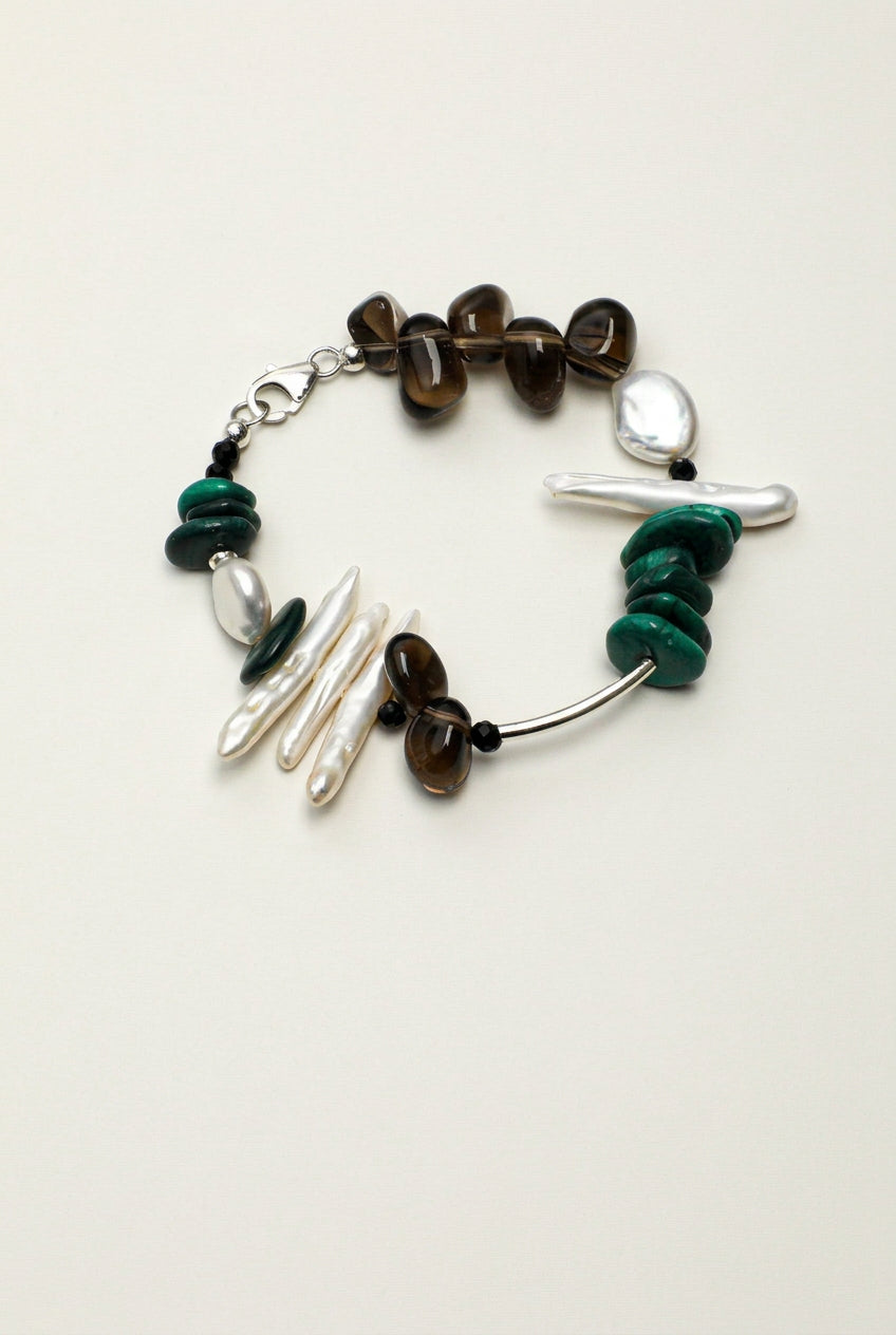 Malachite, Smoky Quartz & Baroque Pearl /Protection & Transformation/ "Forest Ripple" Silver Bar Bracelet