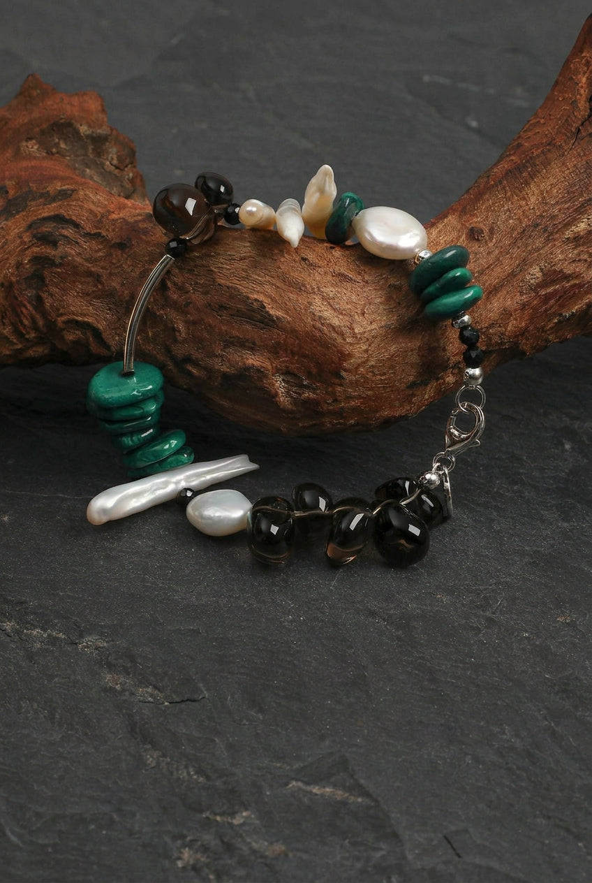 Malachite, Smoky Quartz & Baroque Pearl /Protection & Transformation/ "Forest Ripple" Silver Bar Bracelet