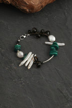 Malachite, Smoky Quartz & Baroque Pearl /Protection & Transformation/ "Forest Ripple" Silver Bar Bracelet
