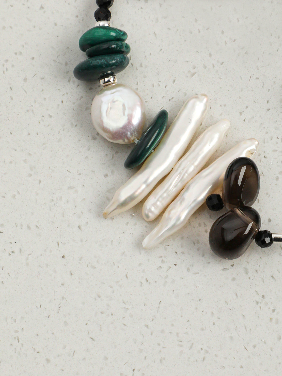 Malachite, Smoky Quartz & Baroque Pearl /Protection & Transformation/ "Forest Ripple" Silver Bar Bracelet