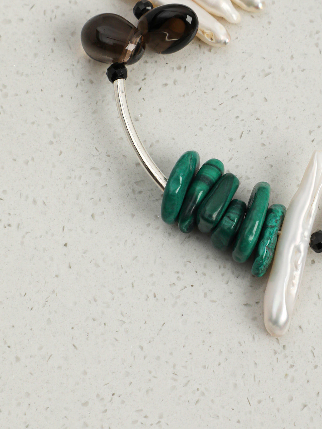 Malachite, Smoky Quartz & Baroque Pearl /Protection & Transformation/ "Forest Ripple" Silver Bar Bracelet