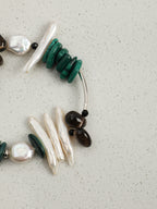 Malachite, Smoky Quartz & Baroque Pearl /Protection & Transformation/ "Forest Ripple" Silver Bar Bracelet